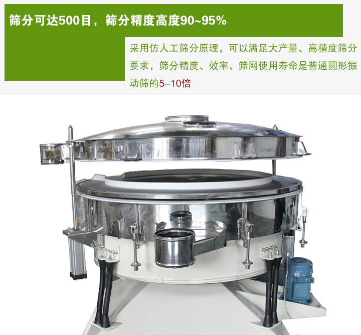 搖擺篩分機(jī)采用仿人工篩分原理，可以滿足大產(chǎn)量、高精度篩分 要求，篩分精度、效率、篩網(wǎng)使用壽命是普通圓形振 動篩的5-10倍